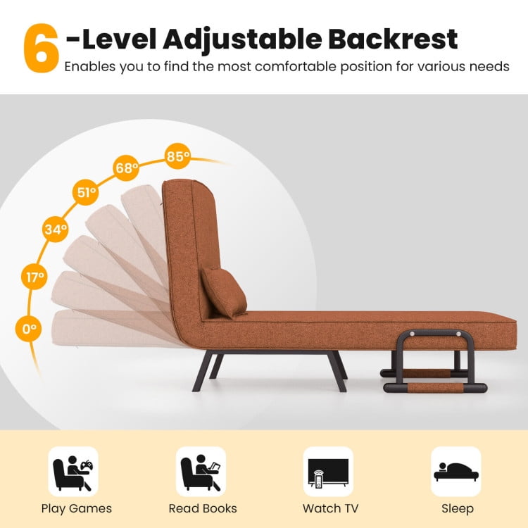 Folding Chair Bed, Folding 6 Position Convertible Sleeper Bed Armchair Lounge Couch with Pillow, Cozy Futon Chair for Small Spaces, Office, Brown Folding Chair Bed, Folding 6 Position Convertible Sleeper Bed Armchair Lounge Couch with Pillow, Cozy Futon Chair for Small Spaces, Office, Brown