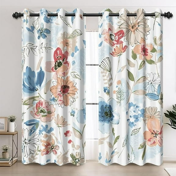 Watercolor Floral Blackout Curtains For Bedroom Living Room, Abstract Art Blue Flowers Botanical Window Treatment Curtains Thermal Insulated Noise Reducing 42"W x 108"L (Pack of 2)