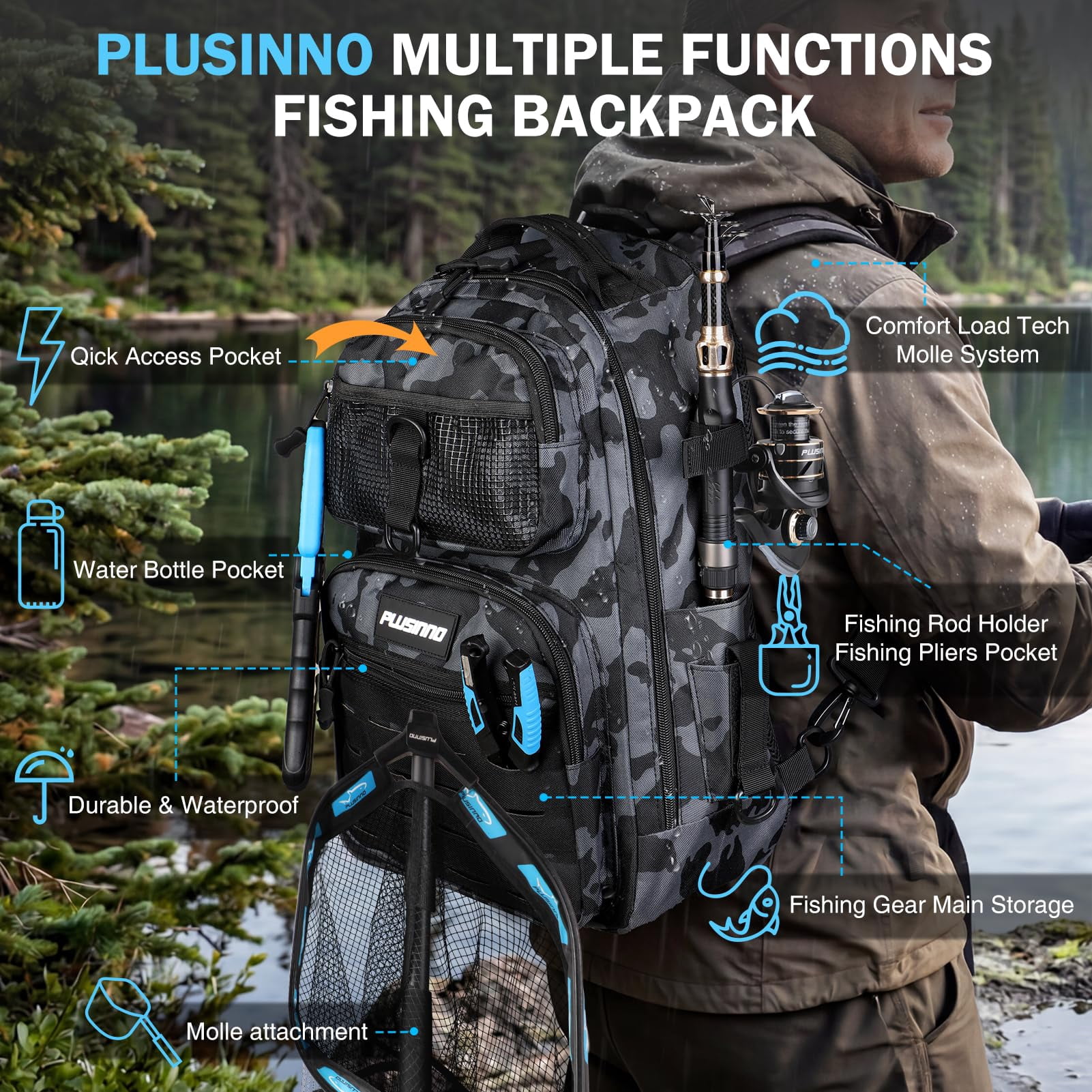 Fishing Backpack With Gear Net  Waterproof Tackle Rod Holders Box Lures Tools Pliers & Accessories Fish Gifts For Men