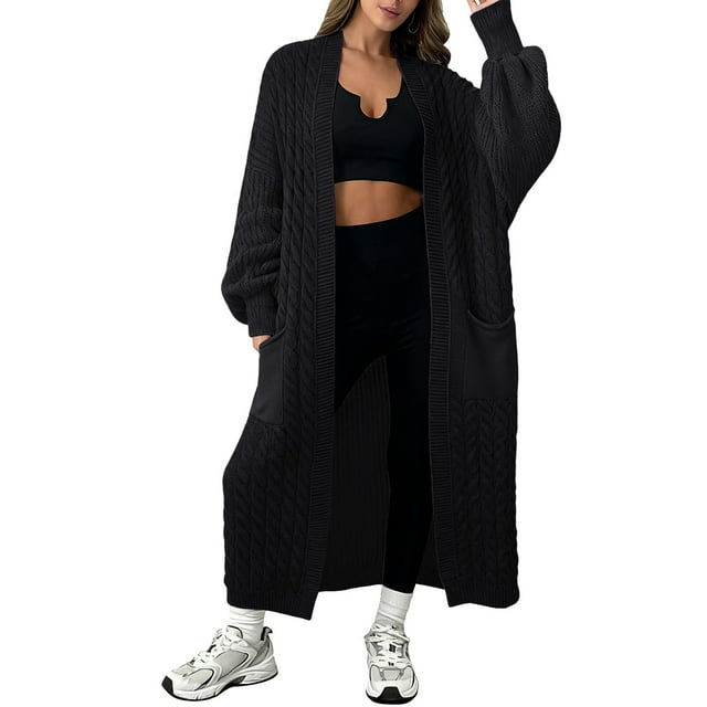Comdrip Long Cardigans for Women! Long Cardigans for Women Open Front Cable Knit Cardigan Open Front Oversized Draped Sweater Outerwear Fall Cardigans for Women Black M