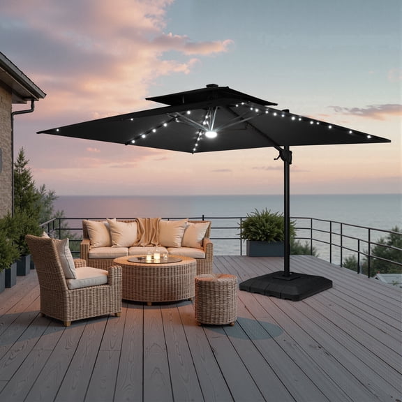 Crestlive Products 9x 11FT Solar LED Cantilever Patio Umbrella with Base, Large Heavy Duty Offset Outdoor Umbrella 360°Rotation Aluminum Umbrella, Black