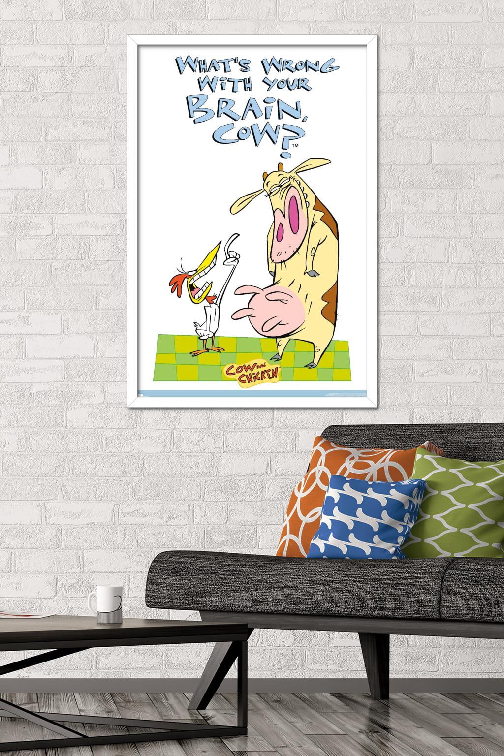Cow and Chicken - Brain Wall Poster, 22.375" x 34", Framed