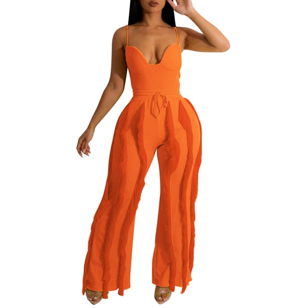 Gibobby pantalones siameses de pierna ancha Traje casual para mujer Moda de verano Traje de dos piezas de manga corta europeo y americano(Anaranjado, L)