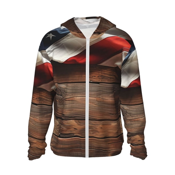 Balery Rustic American Flag Wood Sudadera ligera de manga larga con capucha y protección solar UPF 50+ para hombre y mujer, ideal para pesca y running-Medium