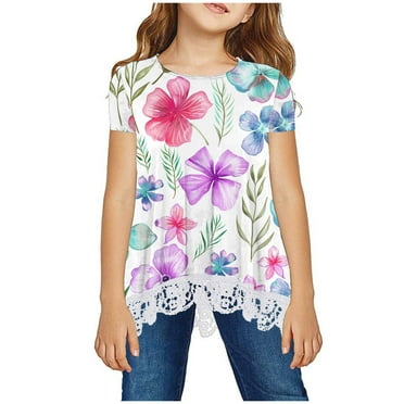Zwiiyzr Girls Short Sleeve Shirts Summer Lace Trim Floral Printed Crewneck Tops Casual Tees Blouse for 3-14 Years Multicolor