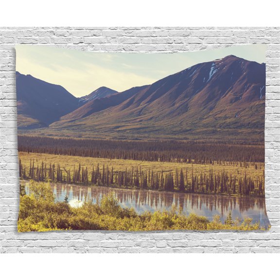Alaska Tapestry, Mountain and River in Alaska American Countryside Idyllic Rustic Photo, Wall Hanging for Bedroom Living Room Dorm Decor, 60W X 40L Inches, Forest Green Yellow, by Ambesonne