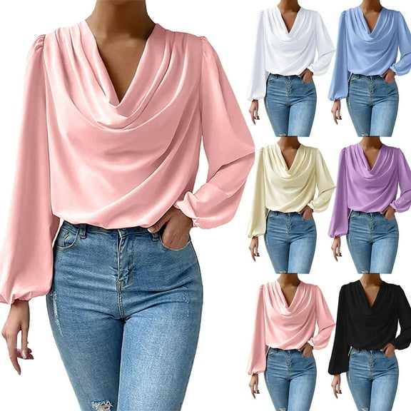 Womens V Neck Blouse Ruffle Detail Chiffon Shirt Loose Fit Flowy Casual Top