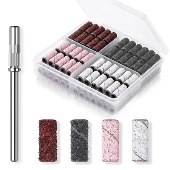 EXLEAF Nail Drill Bits Sanding Bands for Nail Drill,100Pcs 4 Color Coarse Fine 80/120/180/240 Grit File Sand with 3.1Mm Mini Mandrel Nail Bit Set for Acrylic Nails Gel Manicures and Pedicure