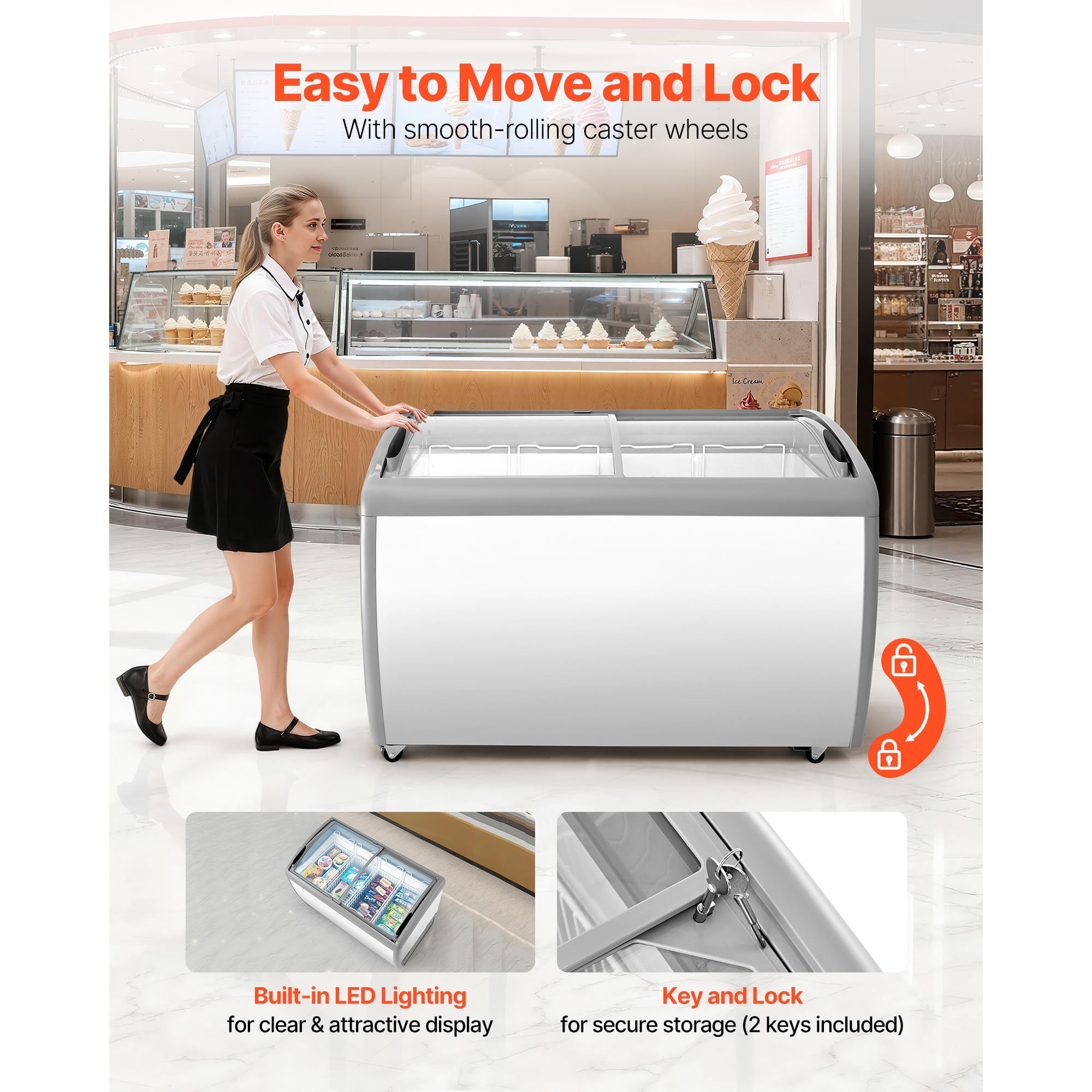 KFFKFF Commercial Ice Cream Display Case, 12.8 Cu.ft Chest Freezer, Adjustable Temperature Range from -19 to 3℉, Mobile Deep Freezer with 4 Wire Baskets, Sliding Glass Doors