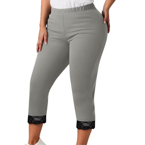 Women's Plus Size Capri Leggings with Lace Detail Stretchy Workout Casual Yoga Pants for All Seasons
