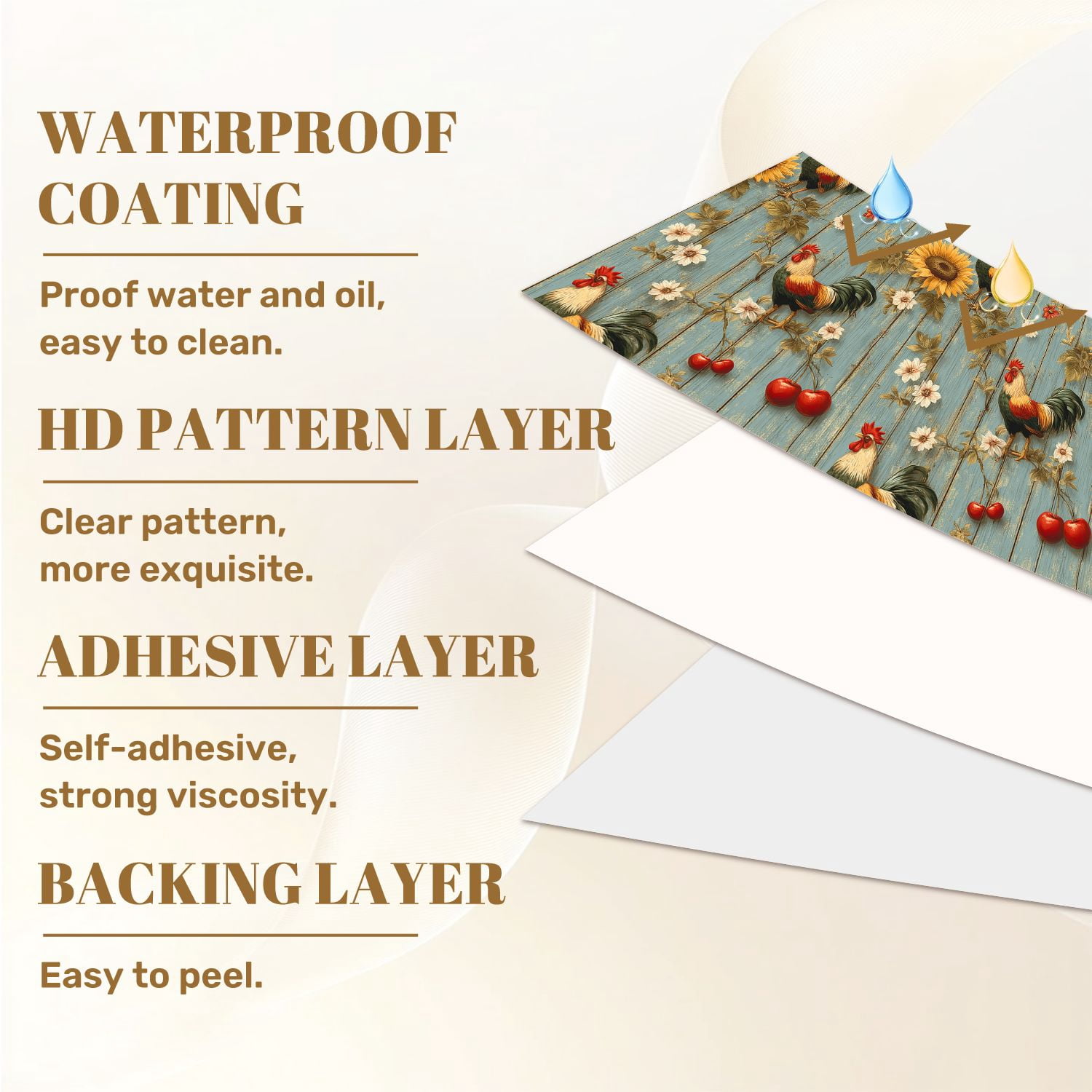 Chicken Peel and Stick Wallpaper Rooster Sunflower Rustic Farmhouse Blue Wooden Wall Mural 23.6in x 9.8ft Self Adhesive Removable Wall Paper Renter Friendly Wallpaper for Nursery Bedroom Cabinets