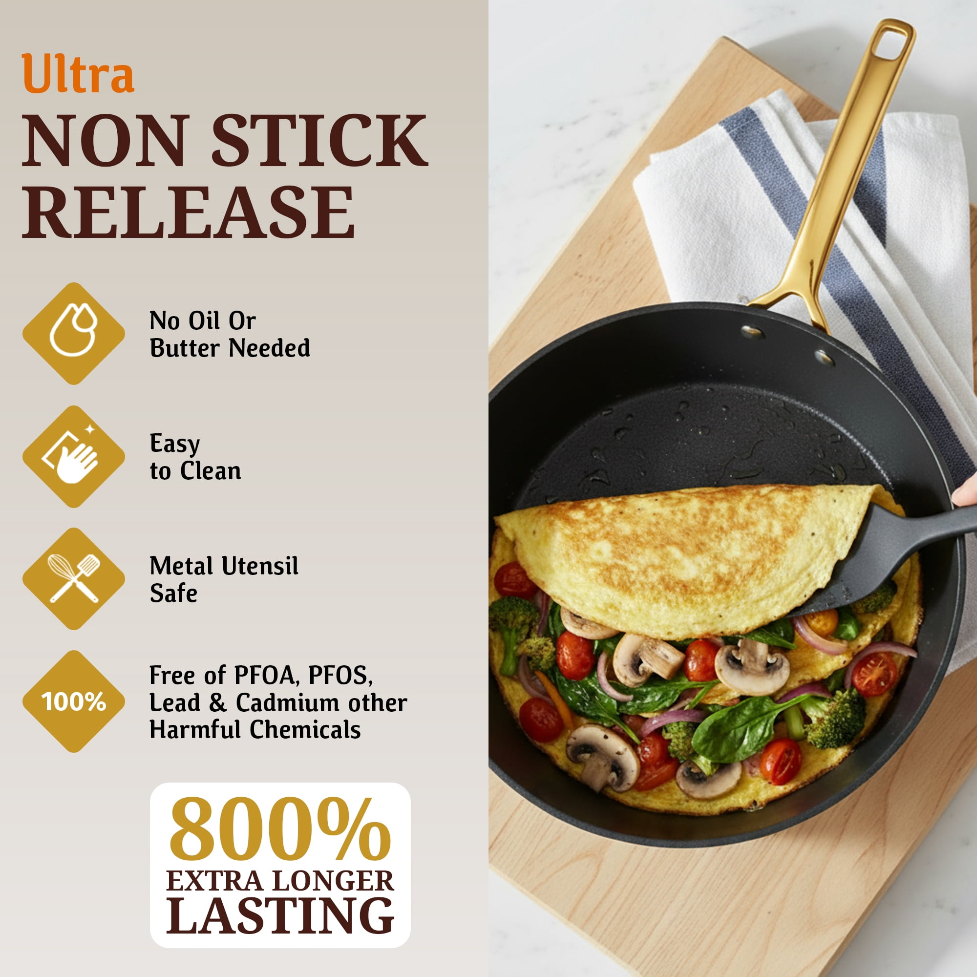 Granitestone Armor Max 11 Inch Frying Pan, Hard Anodized Skillet Non Stick, 4 Quart Saute Pan with Lid, Multipurpose Cooker, Jumbo Cooker NonStick Deep Frying Pan, Skillet, Gold Handles