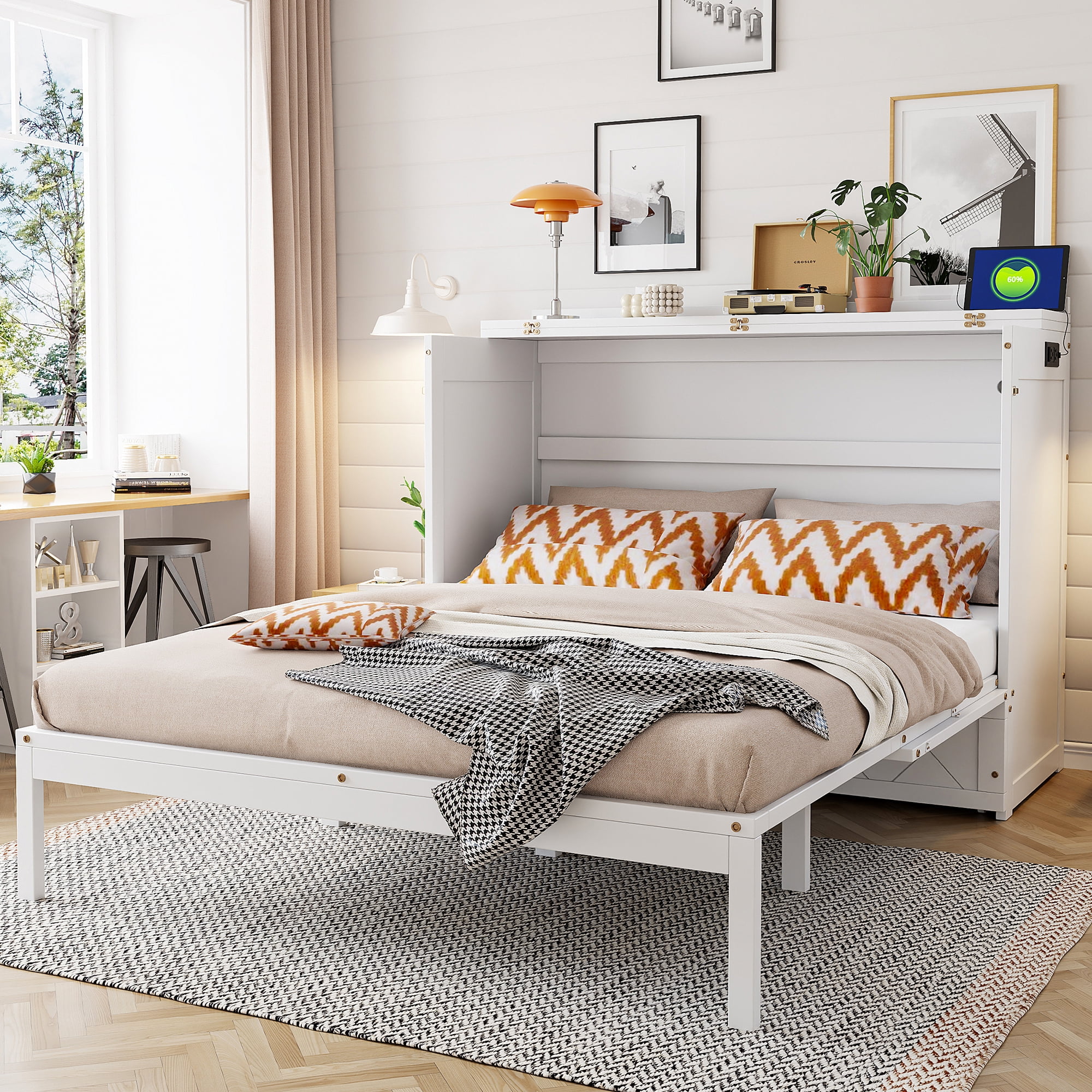 Mintazer Queen Murphy Bed with Storage Drawer & Charging Station, Modern Foldable Cabinet Bed with Geometric Pattern for Bedroom Apartment Guest Room, Gray