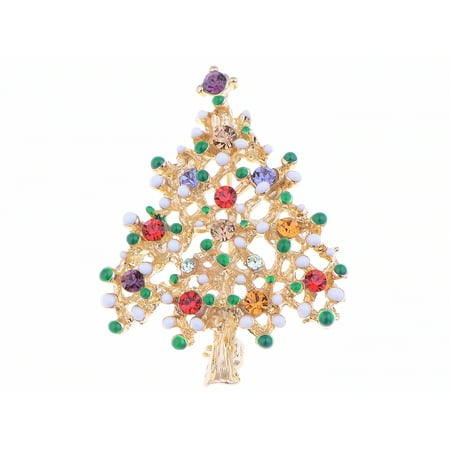 Multi-colored Crystal Rhinestone Gold Color Christmas Tree Holiday Costume Jewelry Pin