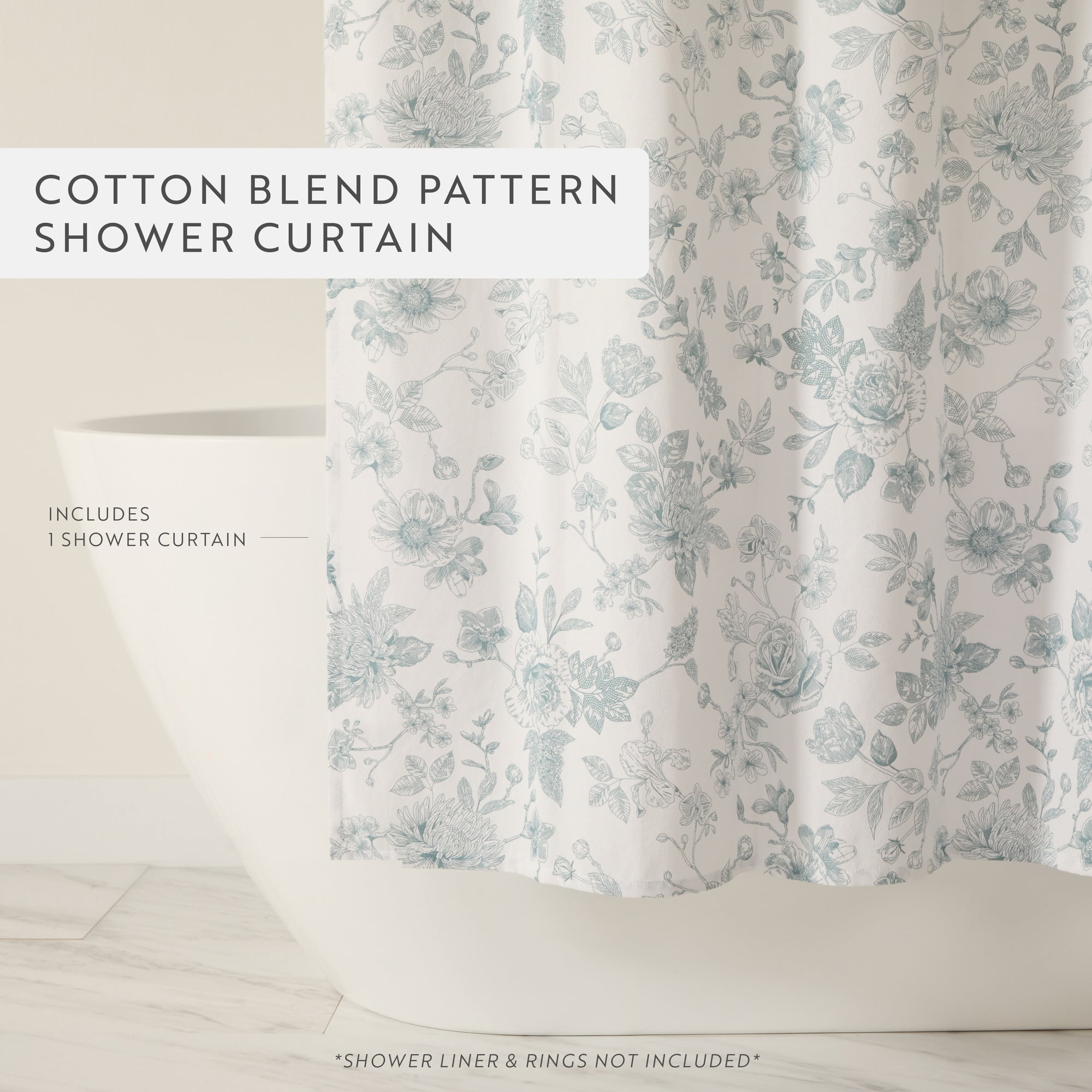 Cotton Blend Floral Print Shower Curtain by Comfort Canopy, 72" x 72", Light Blue Vintage