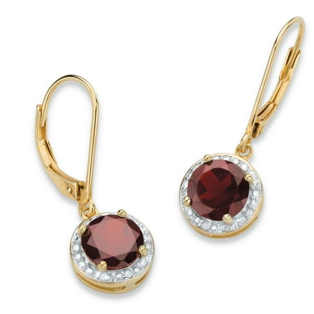 Sterling Silver Garnet Hanging Earrings - 3.20 TCW Genuine Red Garnet and Diamond Accent Pave-Style Halo Drop Earrings in 14k Gold over Sterling Silver