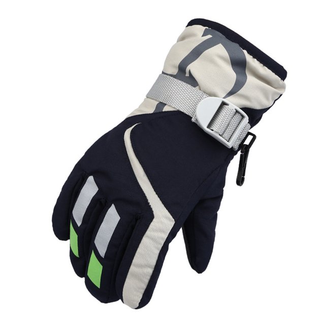 Childrens Winter and Snowproof Gloves, Mountaineering Windproof with a navy blue design, white accents, and green highlights on the fingers. Features include an adjustable wrist strap for a secure fit, a clip for anti-lost functionality, and superfine wool for warmth and windproof protection. Ideal for skiing, sledding, snowboarding, and other winter sports activities.