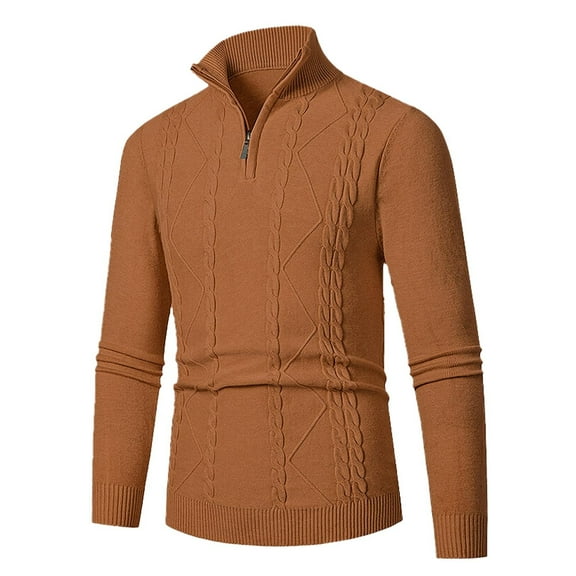 Handshe Men's Solid Color Lapel Knitted Pullover - Warm Casual Long - Sleeved Winter Top