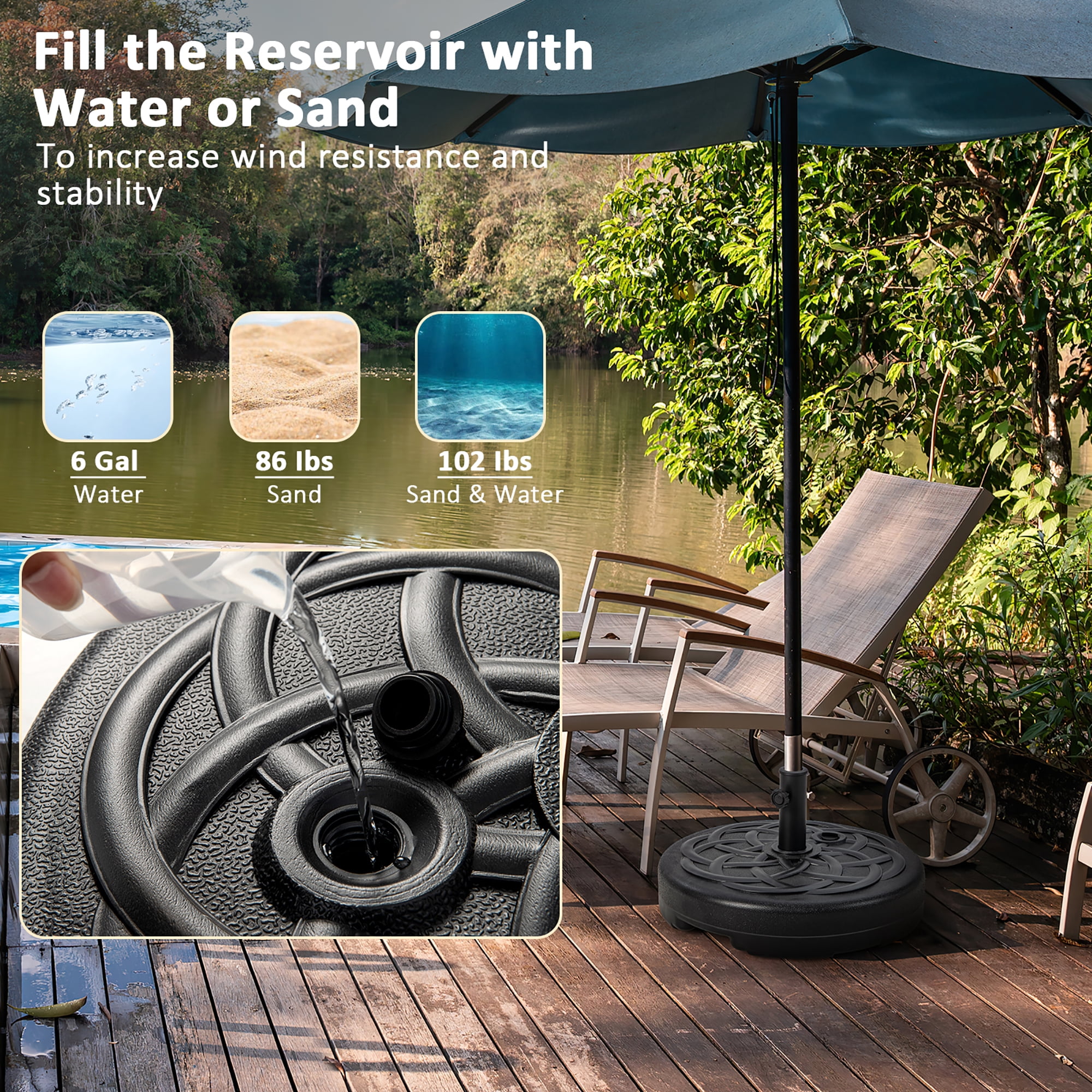 Costway 22'' Patio Fillable Round Umbrella Base Stand Water/Sand Fit Pole 1.5'' & 1.9''