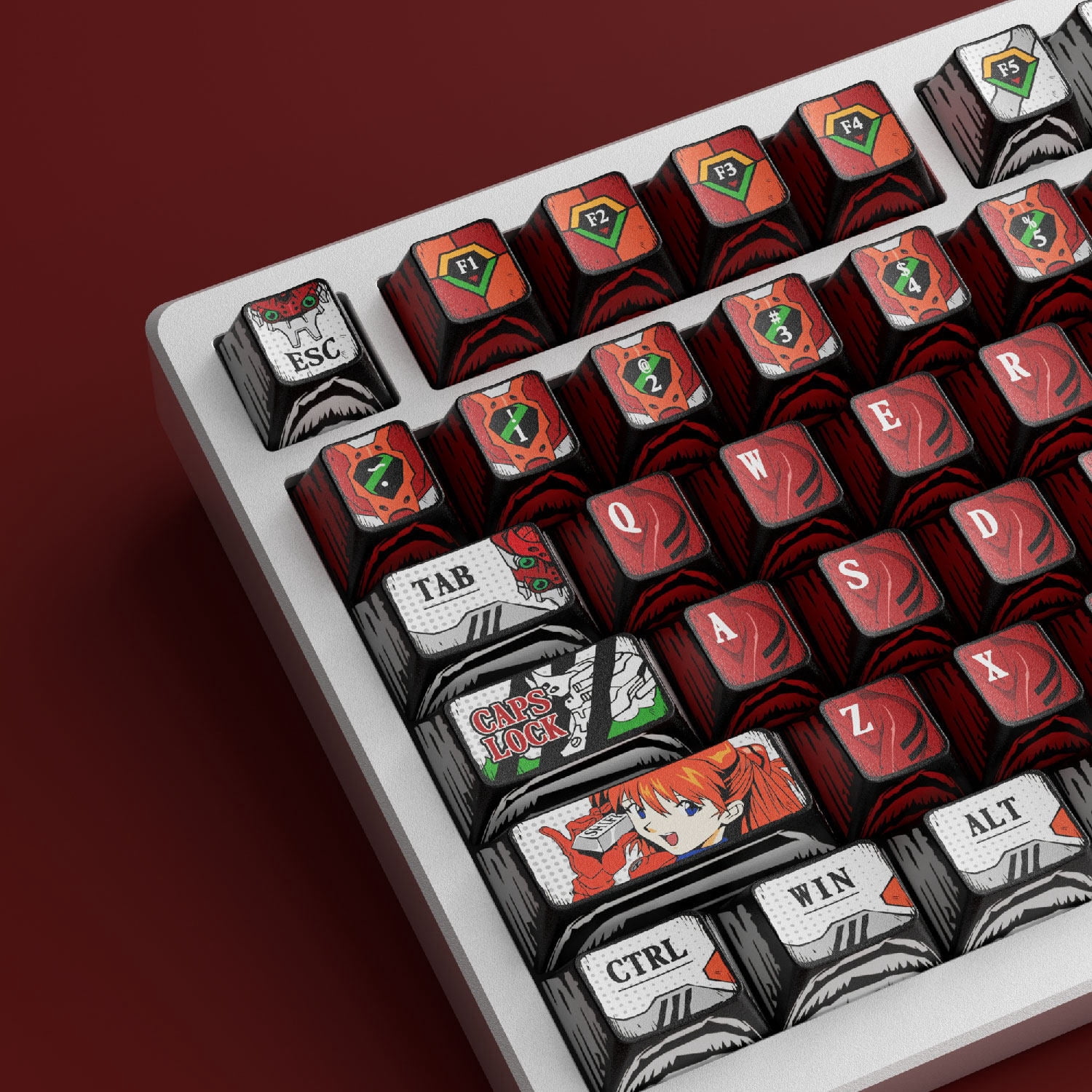 Asuka Unit-02 PBT Keycap Set, Cherry Profile 5-Side Dye-Sublimation Manga Keycaps for Custom Mechanical Keyboard