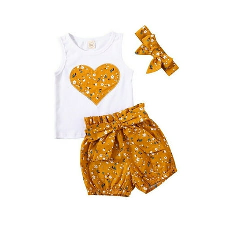 

Newborn Baby Girl Outfits Heart Shaped Vest Bow Floral Shorts Headband Summer Casual Clothing Set 6-12 Months