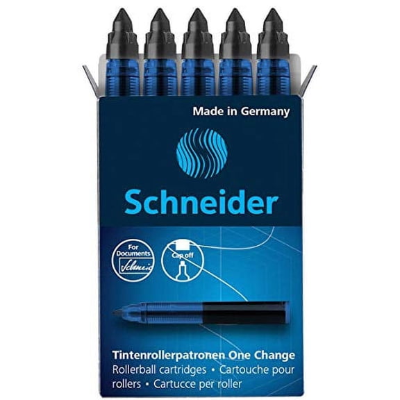 Schneider One Change Rollerball Refill Cartridges, 0.6 mm, Black Ink, Box of 5 Refill Cartridges (185401)