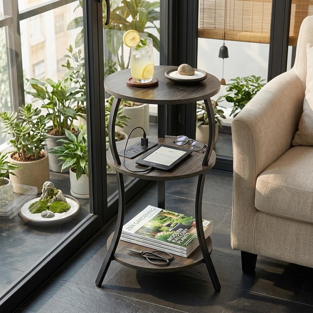 ZEXVIDA Round Side Table with Charging Station, 3-Tier Circular End Table and Compact Sofa Side Table, Gray