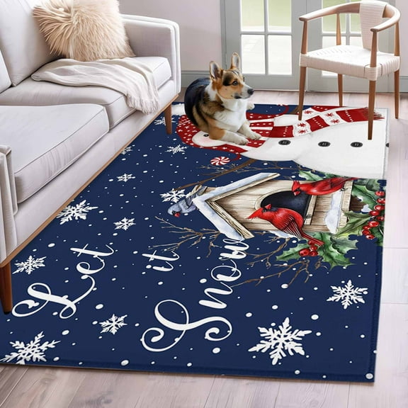 Navy Blue Snowman Christmas Area Rug 3x5 Washable Rug Non Slip Xmas Snowflake Birds Berry Winter Large Area Rug Indoor Floor Carpet for Entryway Bedroom Kitchen Living Room Office Dining Room Nursery
