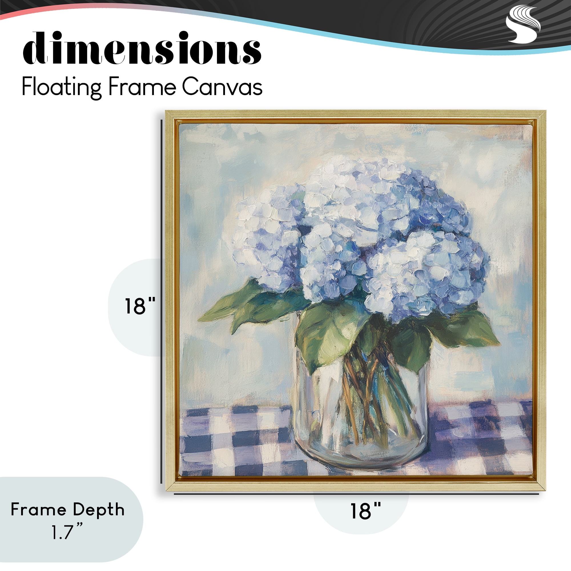 Stupell Industries Hydrangeas on Gingham Tablecloth Gold Framed Floater Canvas Wall Art, design by Petal Prints Design