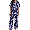 thumbnail image 5 of FASHOFT Women's Halloween Pajama Set Funny Ghost Pumpkin Print Silk Button Down Long Sleeve Pjs Lounge Sleepwear Dark Purple L, 5 of 7