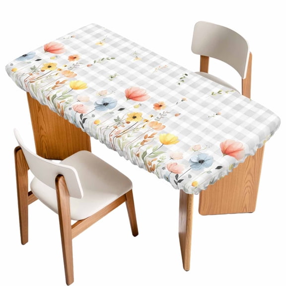 Botanical Wildflowers Table Cloths for 5 Foot Rectangle Tables, Spring Farmhouse Floral Grey Plaid Patio Waterproof Elastic Fitted Tablecloths, Washable Rectangular Table Cover for Camping