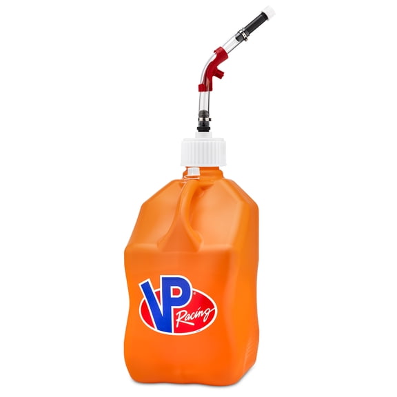 VP Racing 3572-CA, Square Motorsport Jug 5.5 Gallon -Orange, With Deluxe Filter Hose, Hose Bender, White Cap, and White Vent Cap - (2 Pack)