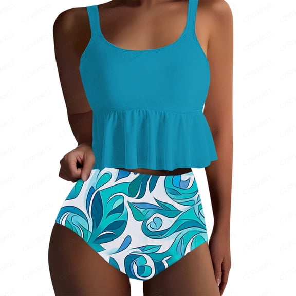 Taqqpue Tankini Plus Size Swimsuits for Women Two Piece Bathing Suits Blouson Flowy Ruffle Flounce Top Beach Vacation Swimwear with Bikini Swim Suit Bottom
