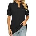 thumbnail image 3 of HUBERY Women Ruffle V Neck Puff Short Sleeve Solid Color Top, 3 of 7