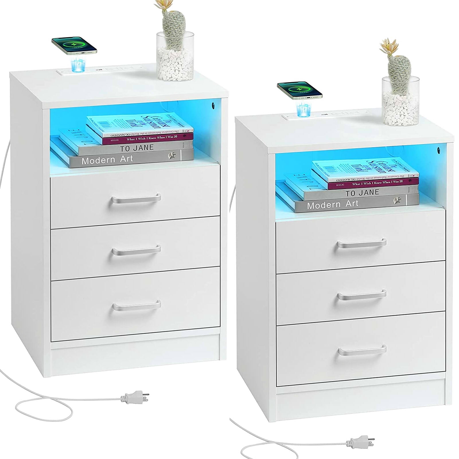 ADORNEVE Nightstand with Wireless Charging Station and LED Lights