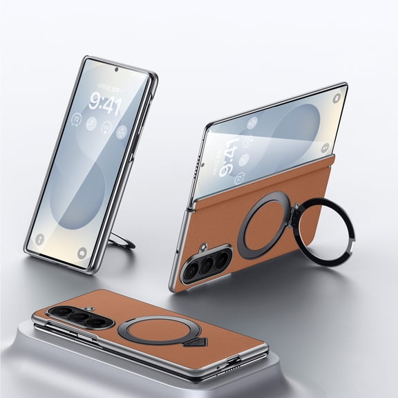 for Samsung Galaxy Z Fold 7 Case, PU Leather Plating PC Magnetic Ring Kickstand Hinge Protection Ultra Slim Lightweight Phone Cover for Samsung Galaxy Z Fold 7, Brown