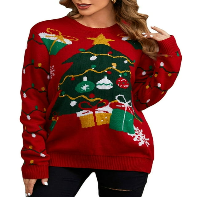 Chandail de Noël pour Femmes Motif Renne de Noël Amusant Manches Longues Col Classique