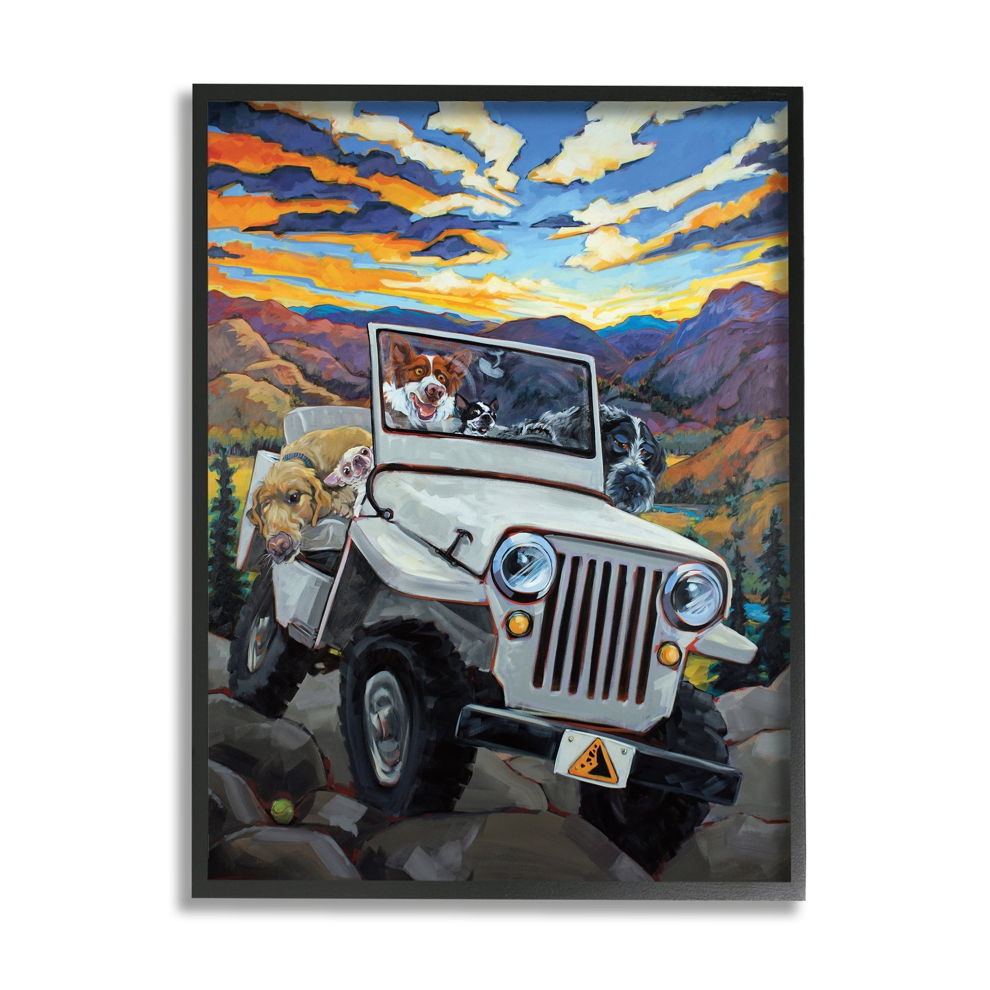 Stupell Industries Dogs Off-Roading Desert Drive Mountain Sunset Animals & Insects Painting Black Framed Art Print Wall Art, 24 x 30