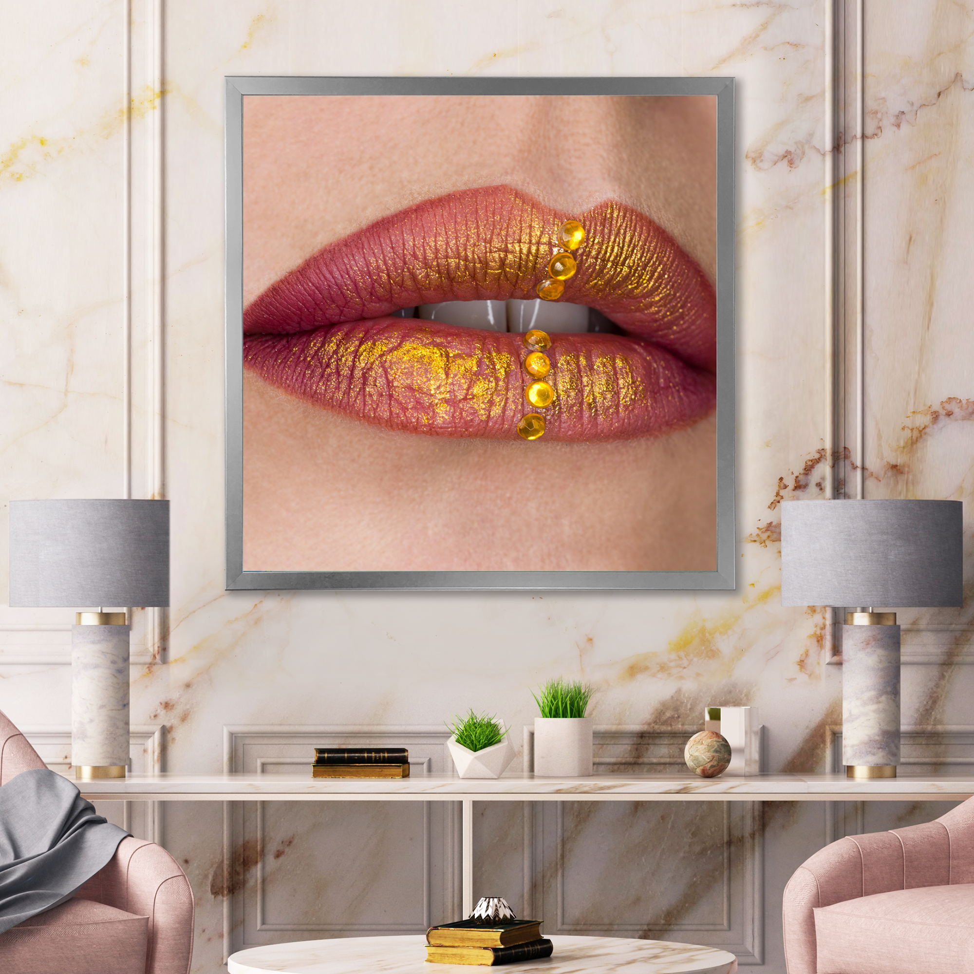 Designart 'Woman Lips Close-Up With Red Lipstick, Gold Paint' Modern Framed Art Print