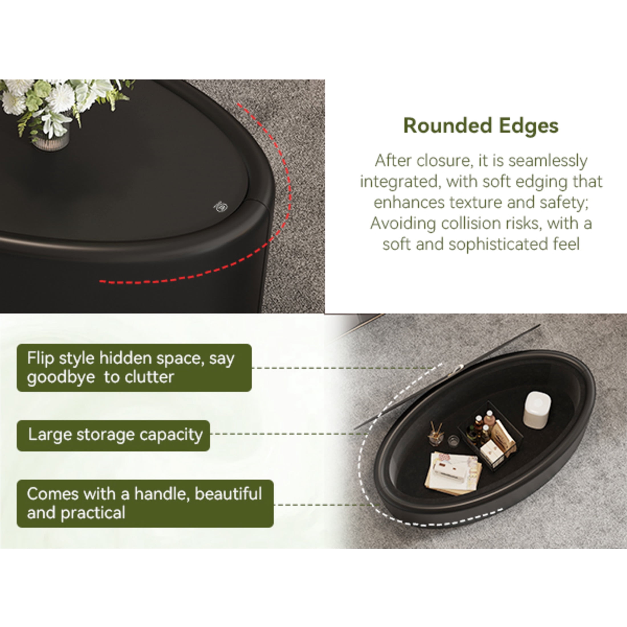 Noble House Morade 33.5" Fluted Oval Storage Coffee Table with Glass Top & Leather Wrapped for Living Room, Black
