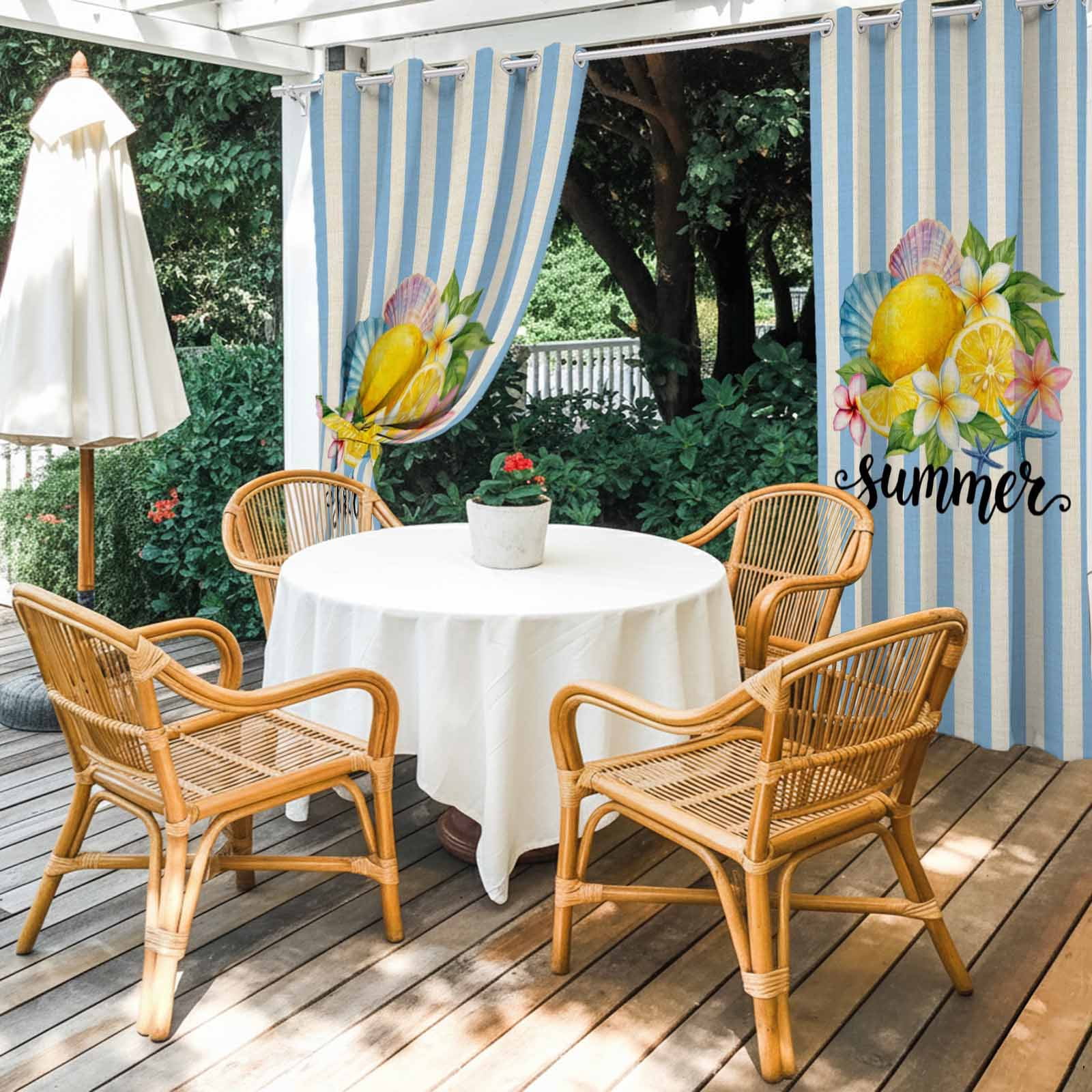 Lemon Summer Outdoor Curtains for Patio, Fruit Starfish Shell Blue Stripes Retro Sunshade Privacy Drapes Grommet Waterproof Outside Curtains for Porch/Cabana/Balcony 54"x 108", 1 Panel