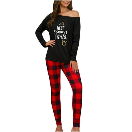 

JeashCHAT Sexy Lingerie for Women Christmas Plaid Letter Set Long Sleeve T-shirt Trouser Nightwear Sleepwear