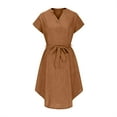 thumbnail image 5 of RYDCOT Womens Dresses Summer Ladies Fashion Casual Short Sleeve Solid Color V-Neck Solid Color Shirt Dress with Belt Midi Dresses Brown, 5 of 9