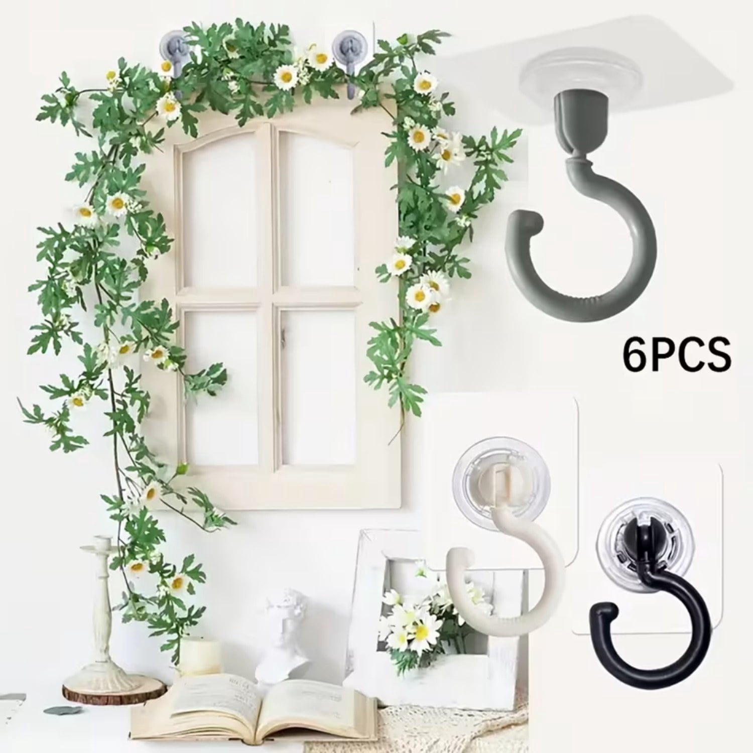6 Adhesive Ceiling Hooks, No Drilling, for Hanging Plants, Lamps, Wind Chimes, Lanterns