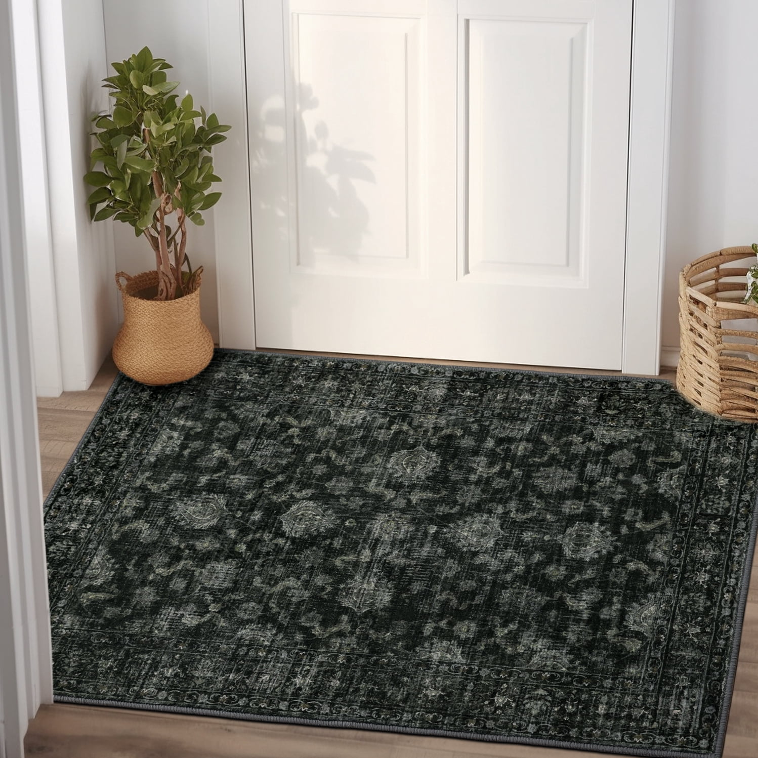 SPRINDAY Boho Green Area Rug, 3'x5' Vintage Rugs for Entryway, Non-Slip Washable Distressed Carpet for Home Office Decor