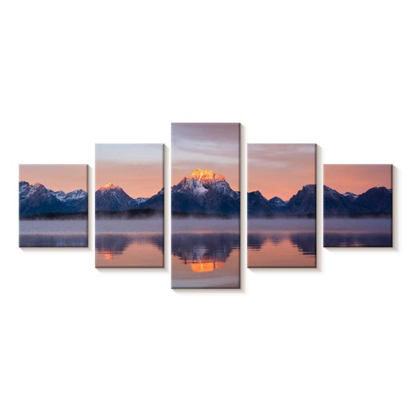 Elephant Stock Grand Teton Glow Wall Art - Horizontal Multi Panel Canvas - Living Room Wall Decor - Nature Multi Panel - Beige And Gray Decor - 29" x 12"