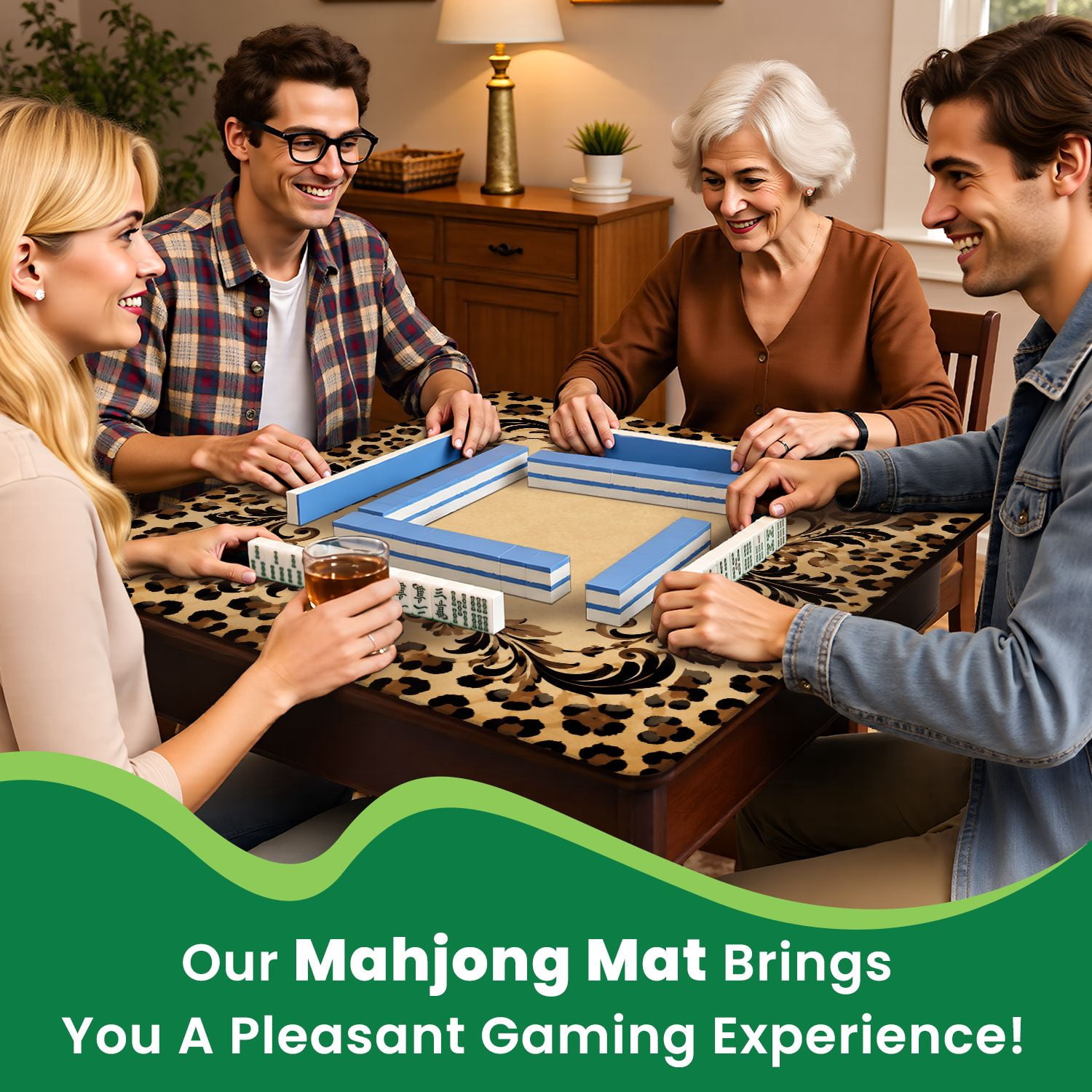 Mahjong Mat 31.5" x 31.5" Leopard Print Elegant Leafy Frame Design Non-Slip Noise Reduction Mahjong Tiles Table Cover for Dominoes Poker Card Board and Tile Games