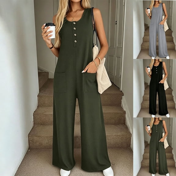 Women's Soft Fabric Round Neck Sleeveless Wide Leg Jumpsuit, Elastic Waist Flattering Fit Stretchy Material, Solid Color Button Front Easy Care, Casual Daily Wear | TruBelle,Army Green L