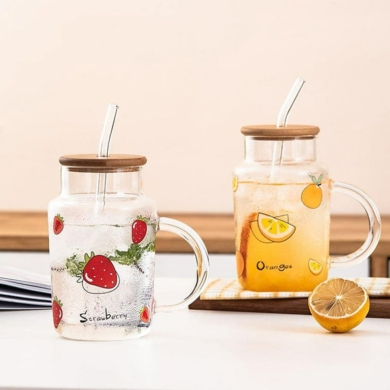 Danceemangoo Clear Glass Mug with Lid and Straw, 15 oz Drinking Glass Juice Cup, Cute Strawberry Pattern, Size: One