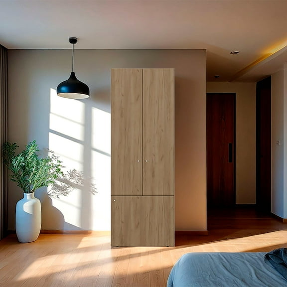 Dressers Natural Oak 3-Door Tall Wardrobe Cabinet with 4 Shelf,Chests Of Drawers